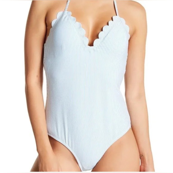 Jessica Simpson Under The Sea Scalloped Edge Stripped Halter One-Piece Swimsuit - Picture 1 of 15